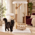 Solid-black Maine Coon beside the pear-wood tower in a cream reading room