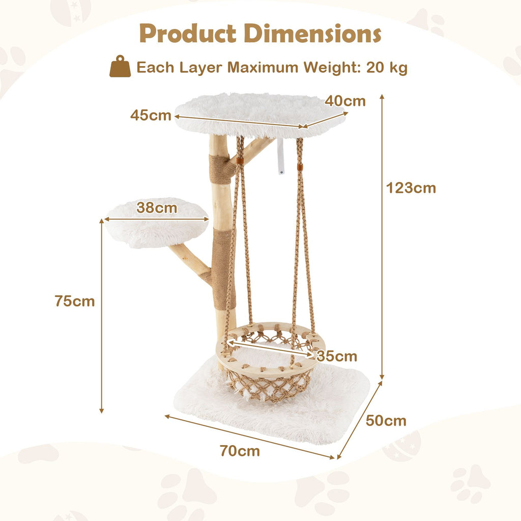 Supplier diagram for the pear-wood tower: 123 cm height, 70 by 50 cm footprint, 45 by 40 cm perch and 35 cm cradle interior