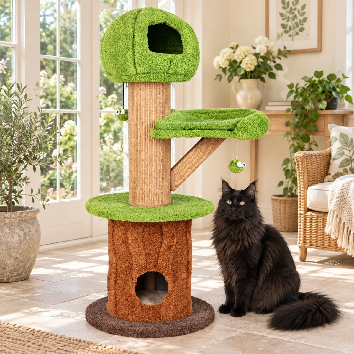 GP-S005 148 cm green mushroom cat tower beside a black adult Maine Coon