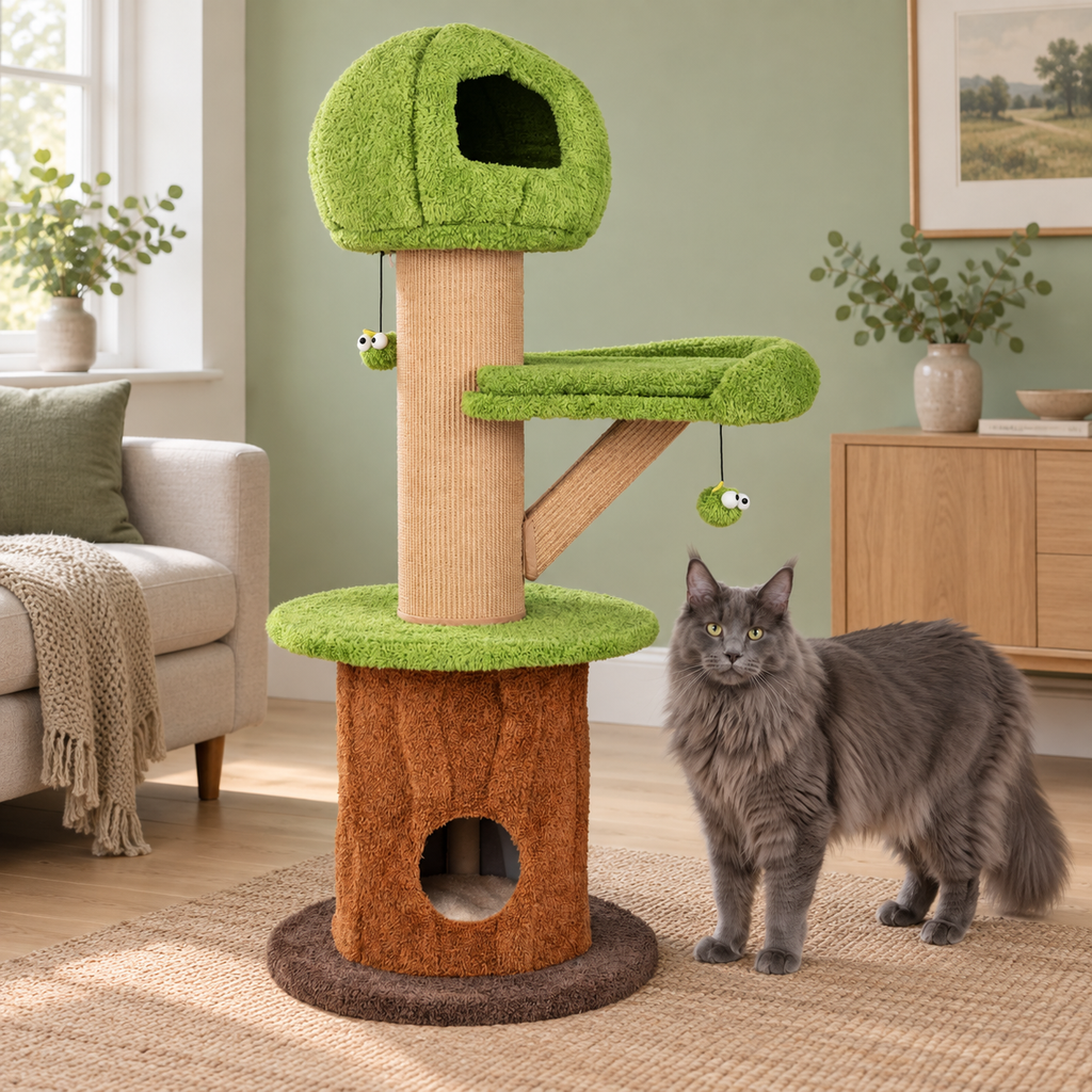 GP-S005 148 cm green mushroom cat tower beside a blue-grey adult Maine Coon