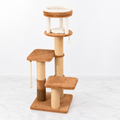 Caramel and white 166cm Amber Rise cat tower on light white marble, showing two steps, raised beds and grooming brush.