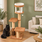 Amber Rise cat tower in a sage sitting room with an adult solid-black Maine Coon beside the base.