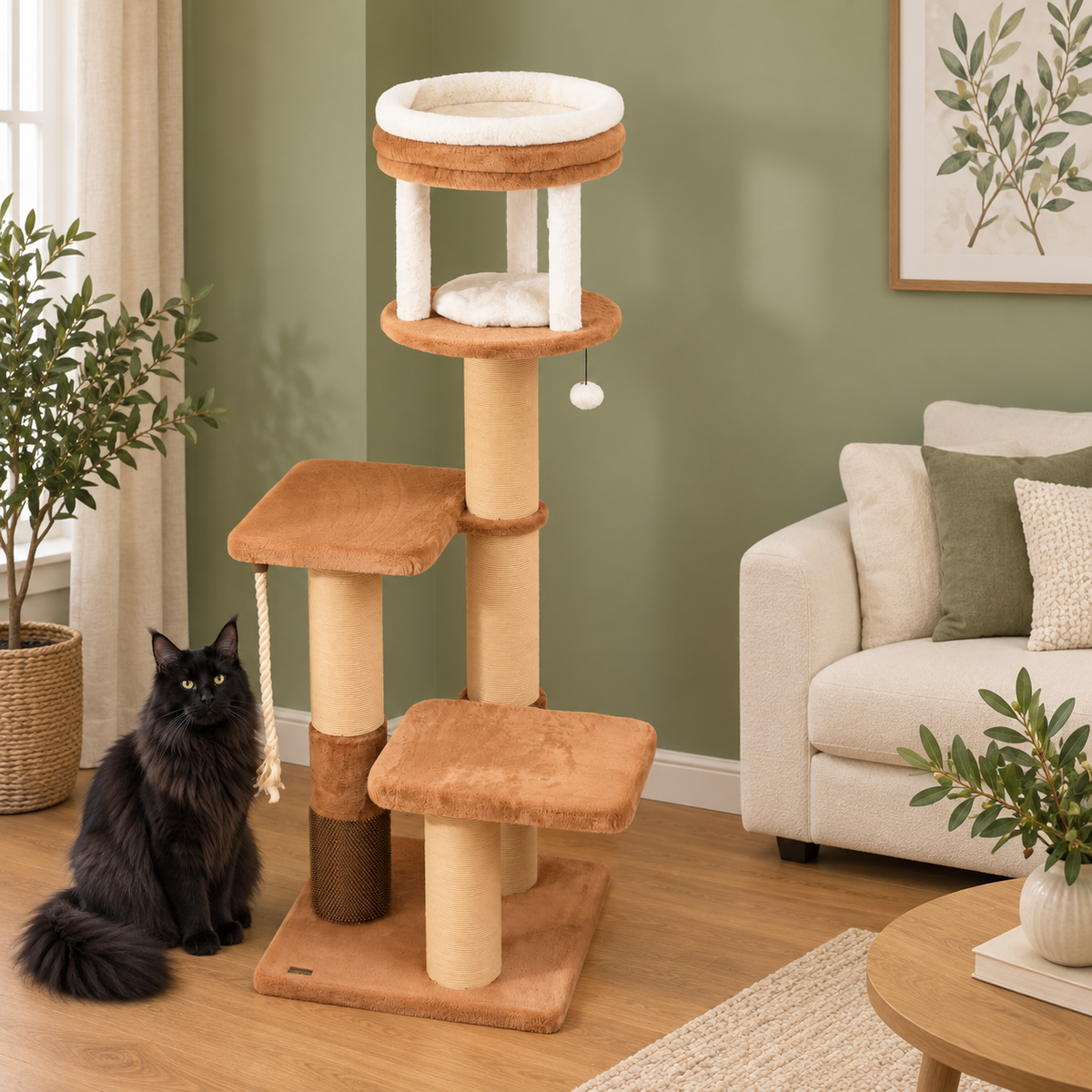 Amber Rise cat tower in a sage sitting room with an adult solid-black Maine Coon beside the base.