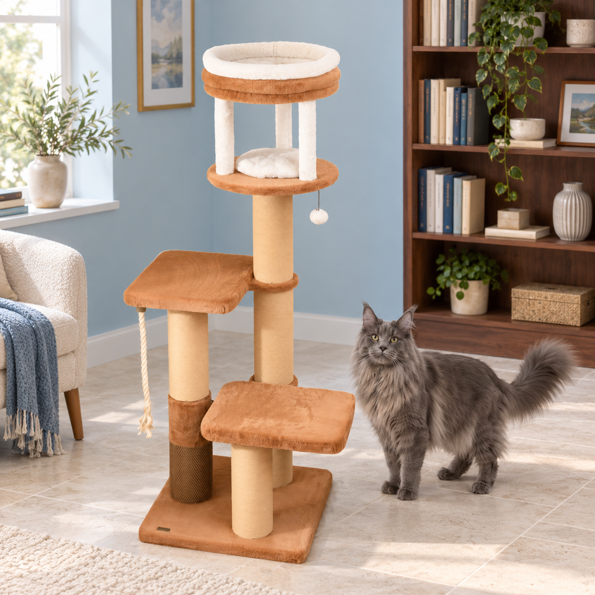 Amber Rise cat tower in a blue reading room with an adult solid-grey Maine Coon standing beside it.