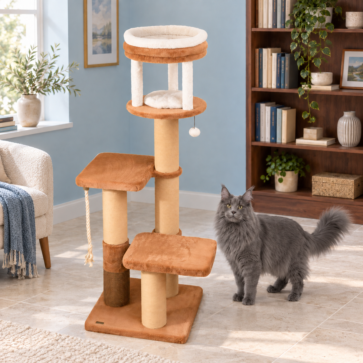 Amber Rise cat tower in a blue reading room with an adult solid-grey Maine Coon standing beside it.