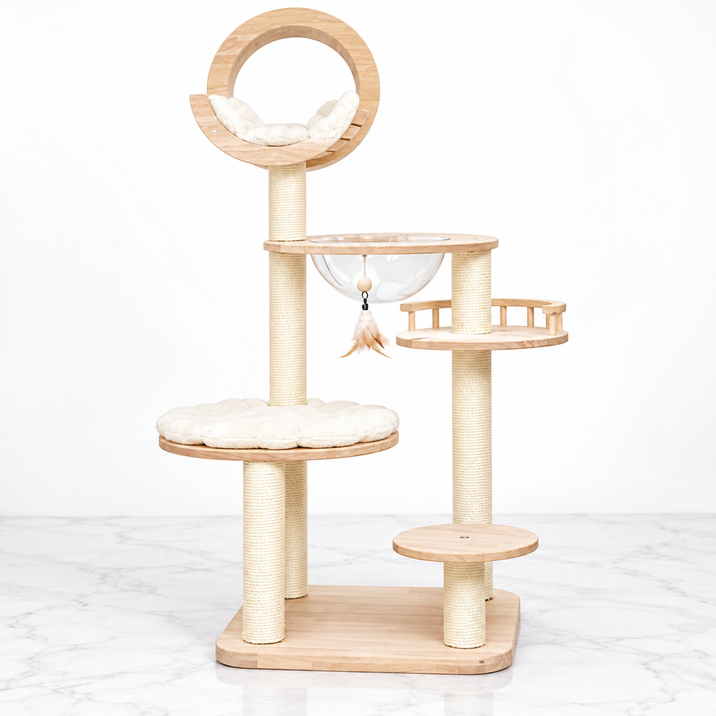 Pale wooden cat tower with circular top cradle and viewing capsule on a light marble floor