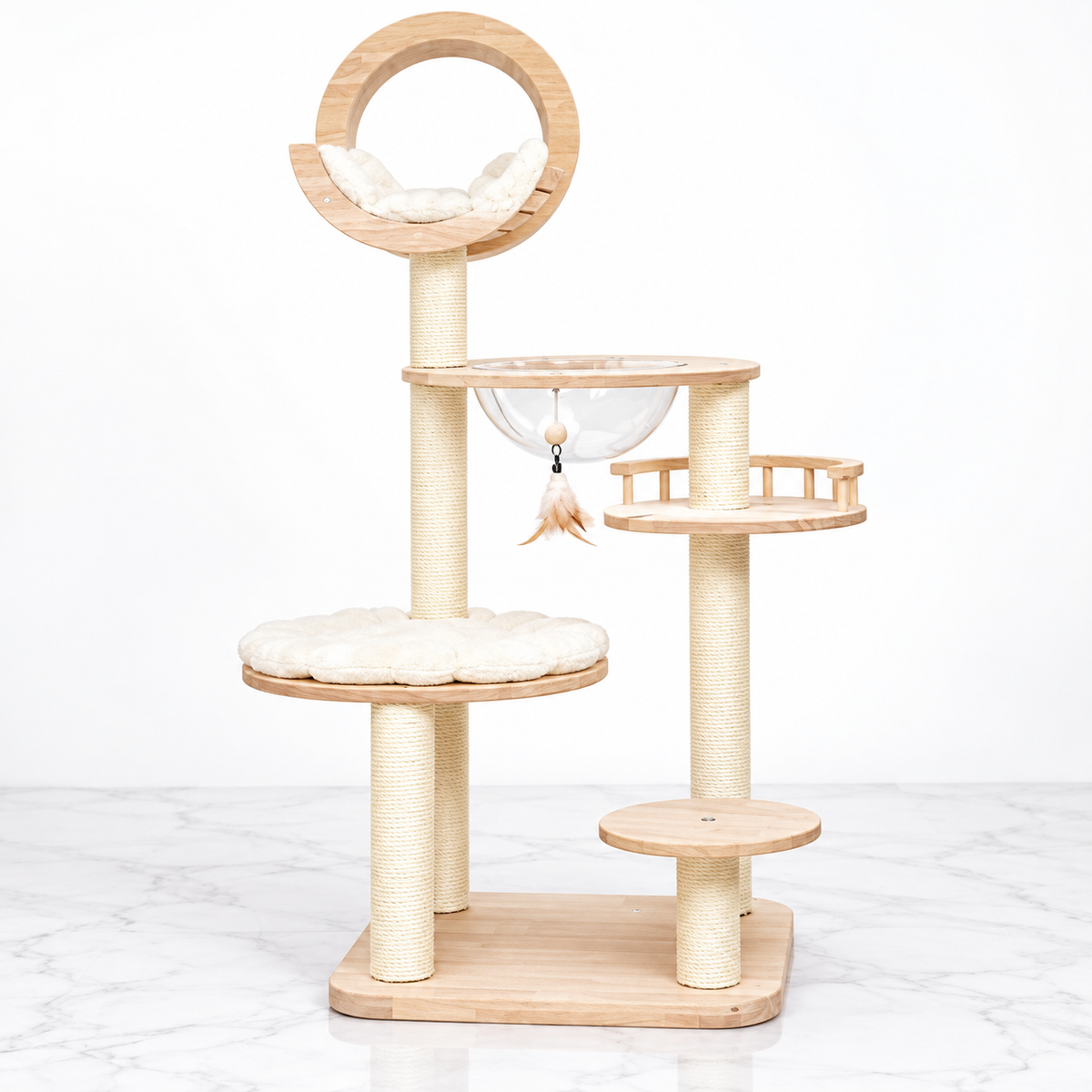 Pale wooden cat tower with circular top cradle and viewing capsule on a light marble floor