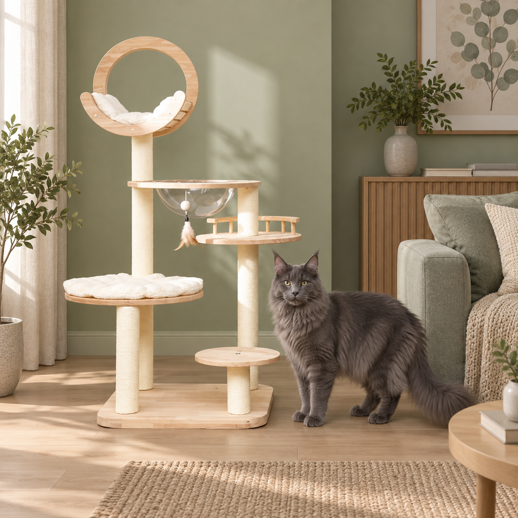 Adult smoke-grey Maine Coon beside the pale wooden viewing-capsule cat tower in a sage living room