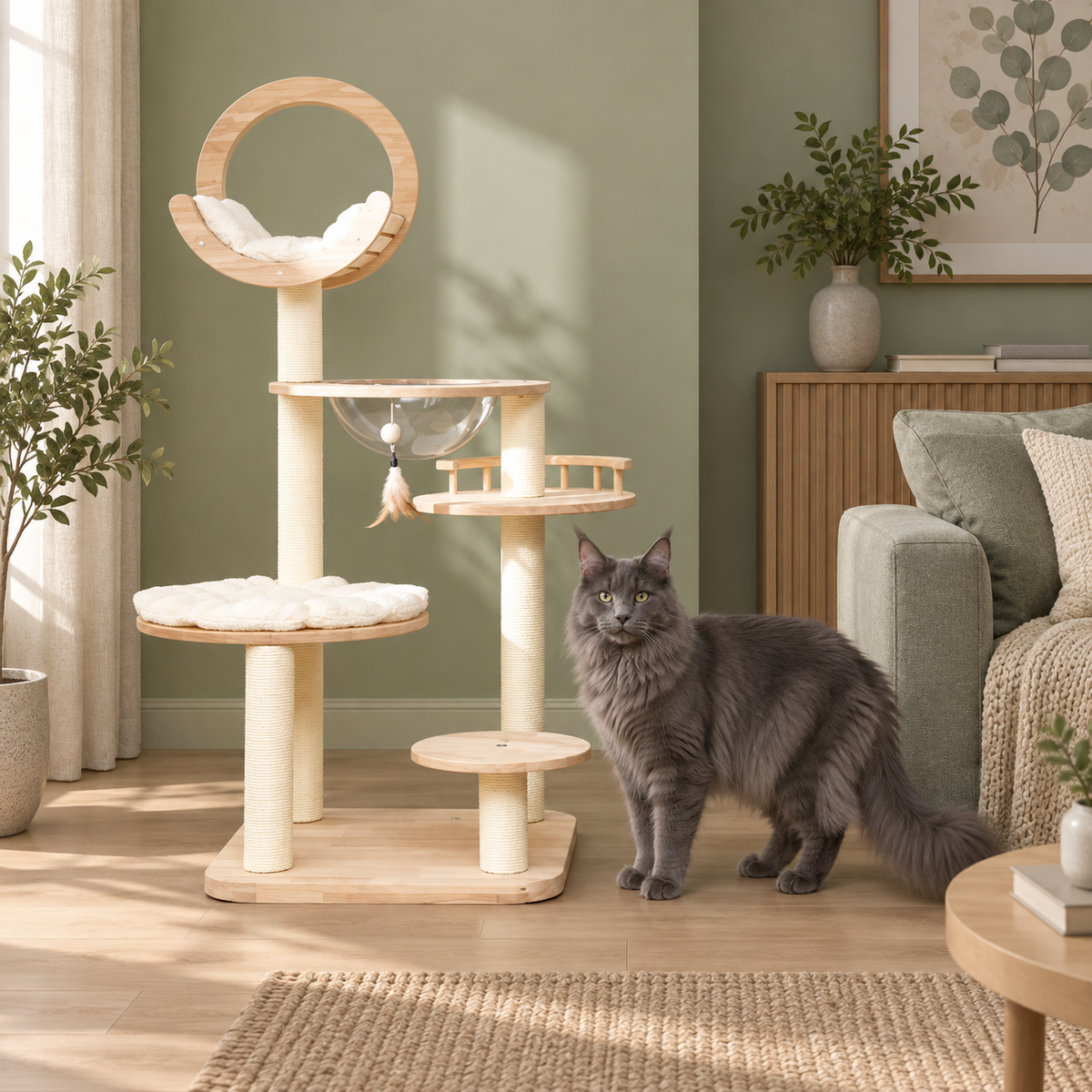 Adult smoke-grey Maine Coon beside the pale wooden viewing-capsule cat tower in a sage living room