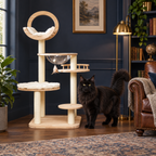 Adult black Maine Coon beside the pale wooden viewing-capsule cat tower in a navy reading room