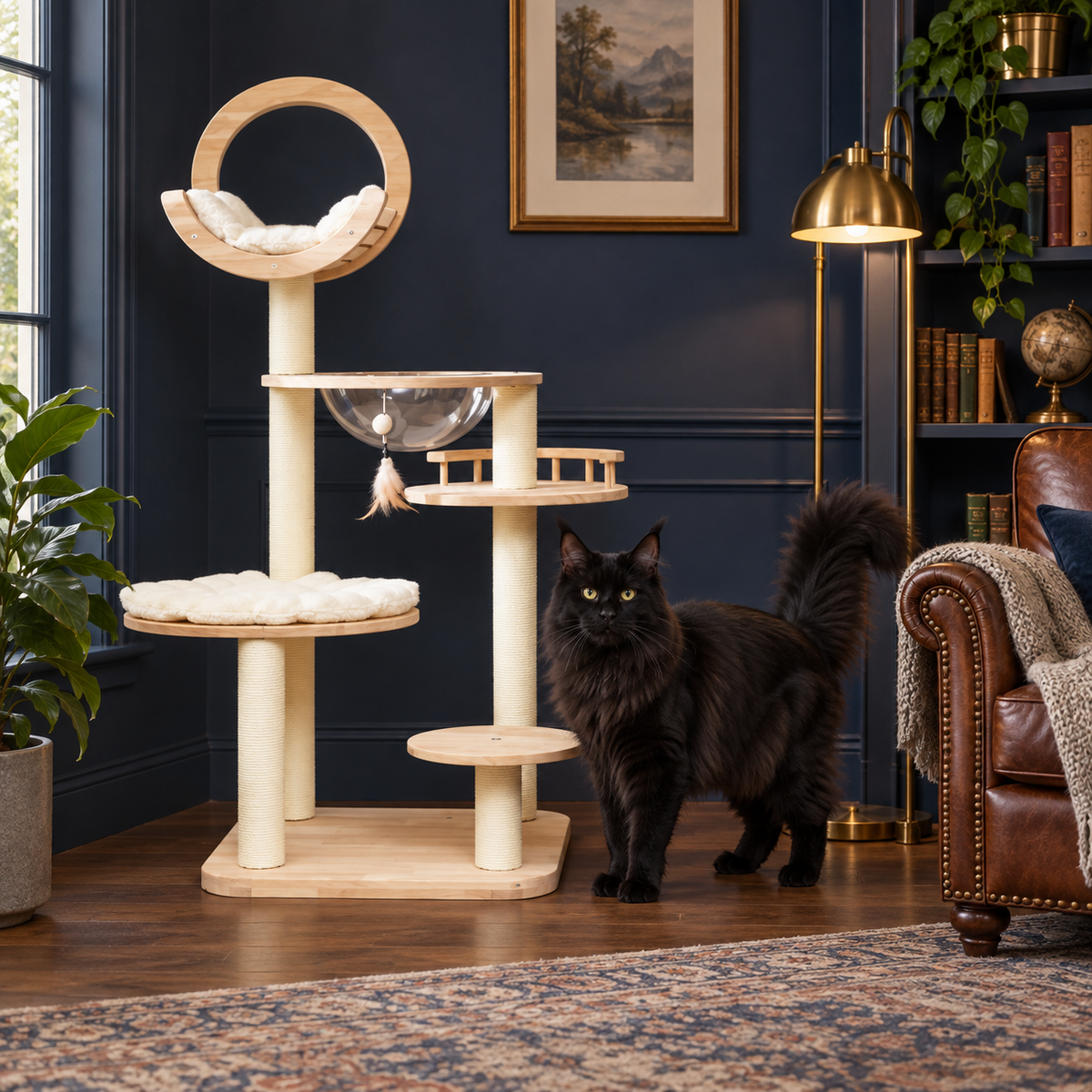 Adult black Maine Coon beside the pale wooden viewing-capsule cat tower in a navy reading room