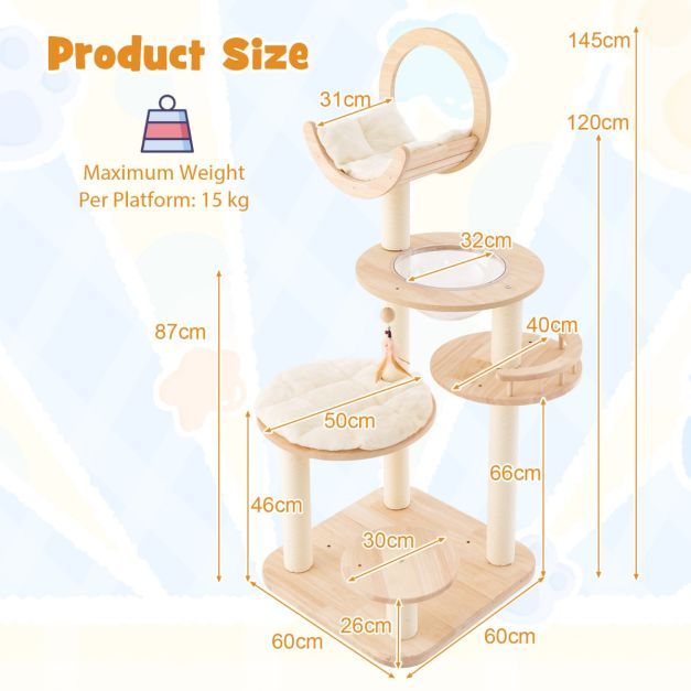 Wooden cat tower dimensions: 60 by 60 cm base, 145 cm diagram height, 31 cm cradle and 32 cm capsule