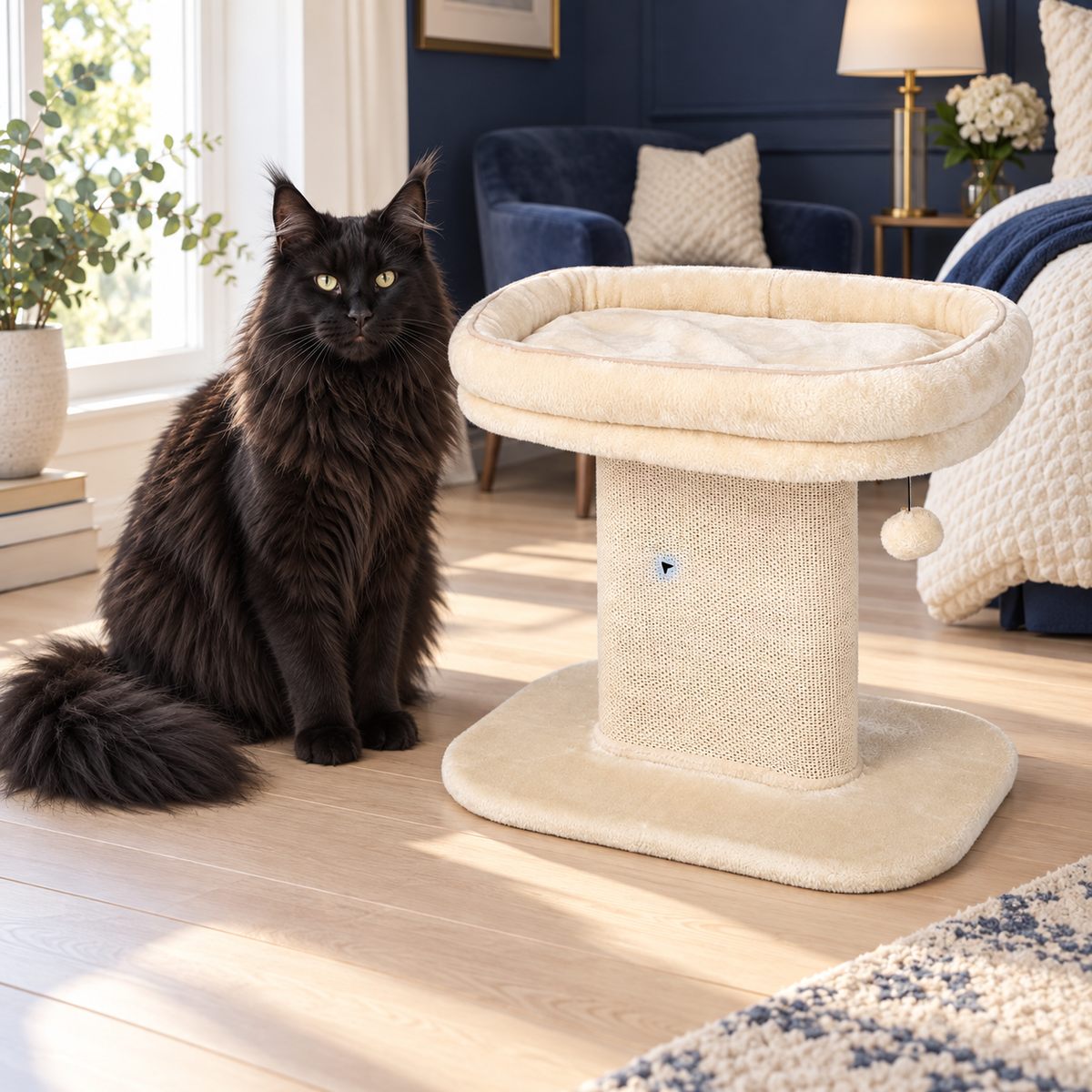 Adult solid black Maine Coon beside the beige low cat perch in a navy and cream bedroom