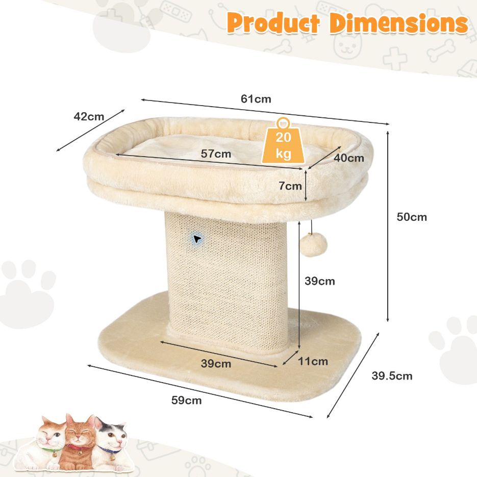 Dimension diagram for beige low cat perch showing 50 cm height, 59 cm base length and 39.5 cm base depth