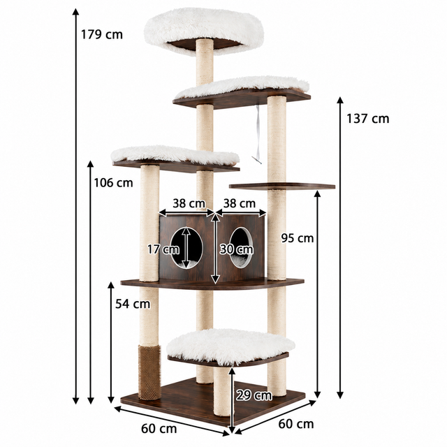 Plain white dimension diagram for The Chestnut Retreat — 179cm Wooden Cat Tower showing product size measurements in centimetres.