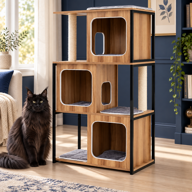 Adult solid black Maine Coon beside the three-cubby metal-frame cat tree in a navy reading room