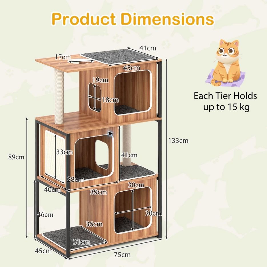 Dimension diagram for metal-frame cat tree showing 133 cm height, 75 cm width and 45 cm depth