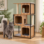 Adult solid grey Maine Coon beside the natural wood and black metal cat tree in a sage living room