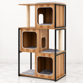 Natural wood and black metal 133 cm cat tree with three cubbies on light marble flooring
