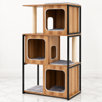 Natural wood and black metal 133 cm cat tree with three cubbies on light marble flooring