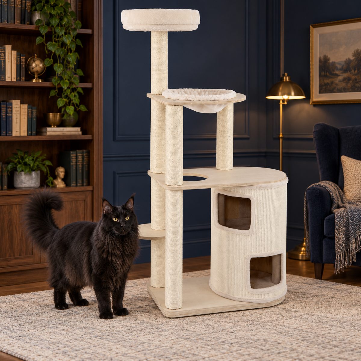 Adult solid black Maine Coon beside the natural and cream two-storey condo cat tree in a navy reading room