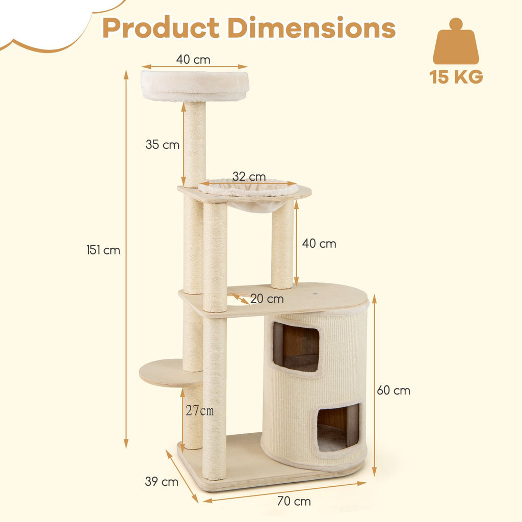 Dimension diagram for two-storey condo cat tree showing 151 cm height, 70 cm width and 39 cm depth