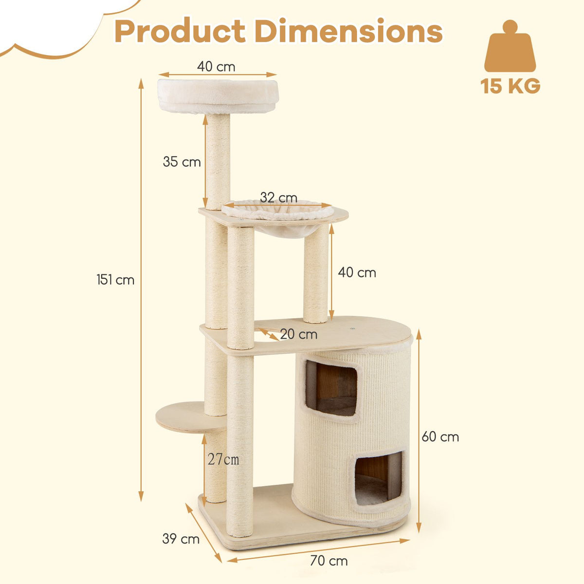Dimension diagram for two-storey condo cat tree showing 151 cm height, 70 cm width and 39 cm depth