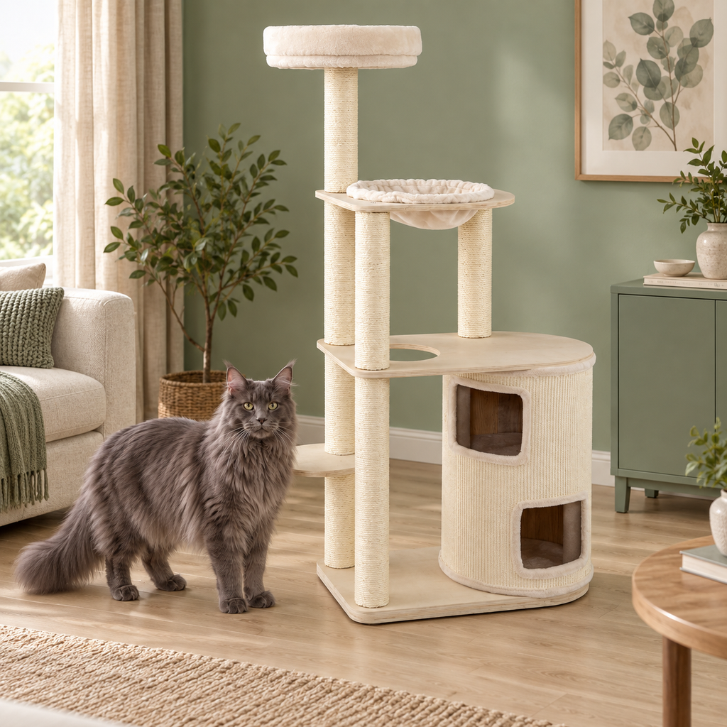 Adult solid grey Maine Coon beside the natural and cream two-storey condo cat tree in a sage room
