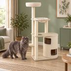 Adult solid grey Maine Coon beside the natural and cream two-storey condo cat tree in a sage room