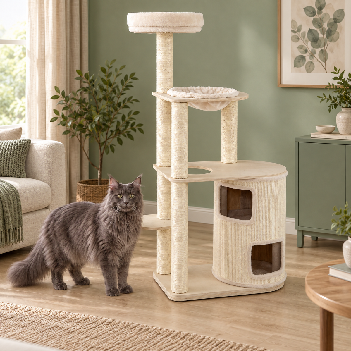 Adult solid grey Maine Coon beside the natural and cream two-storey condo cat tree in a sage room