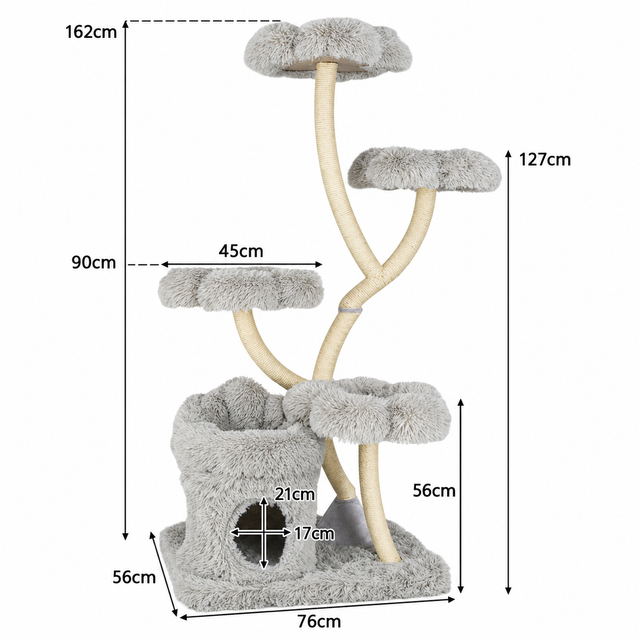 Plain white dimension diagram for The Floral Canopy — 162cm Flower Platform Cat Tree showing product size measurements in centimetres.