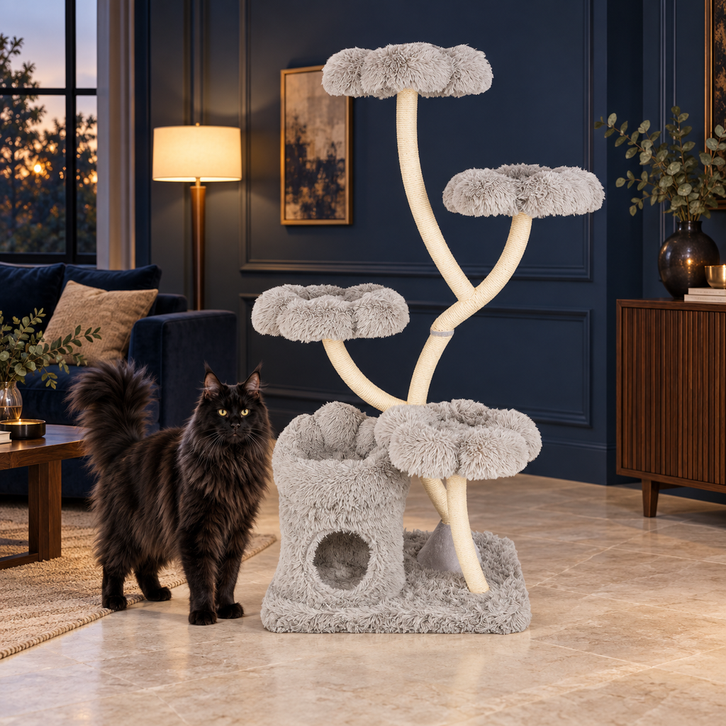 Black Maine Coon beside The Floral Canopy 162 cm grey flower-platform cat tree in a navy room