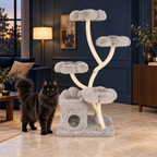 Black Maine Coon beside The Floral Canopy 162 cm grey flower-platform cat tree in a navy room