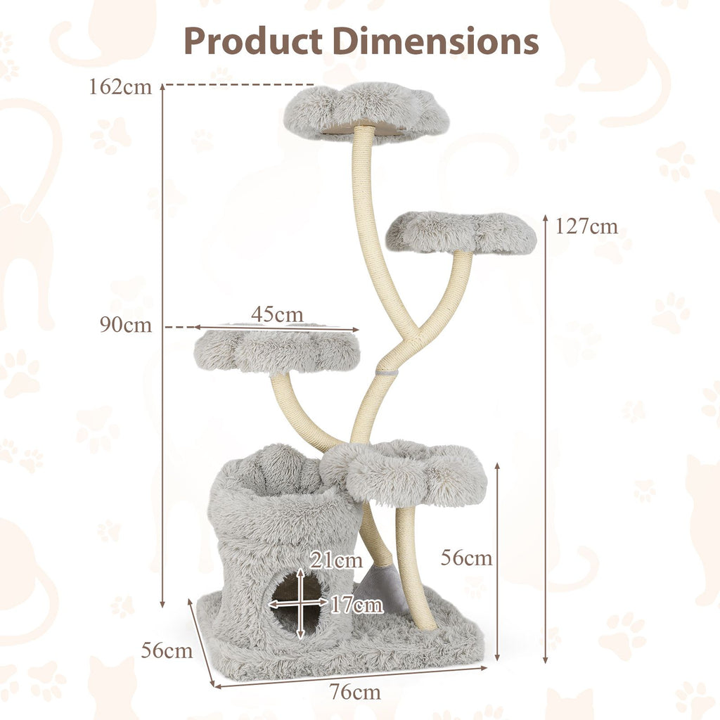 The Floral Canopy grey cat tree dimensions: 162 cm high, 76 cm wide and 56 cm deep
