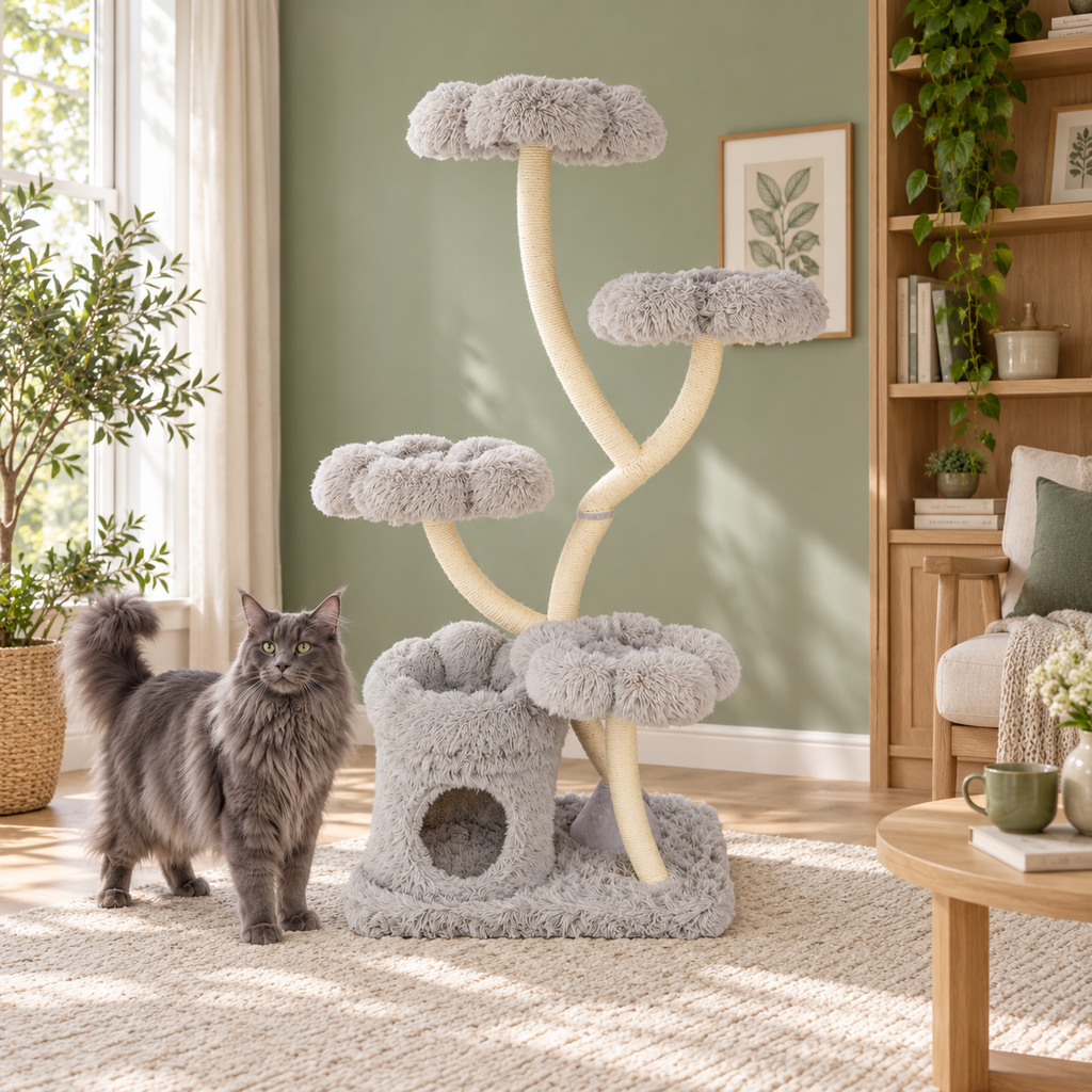 Grey Maine Coon beside The Floral Canopy 162 cm grey flower-platform cat tree in a sage room