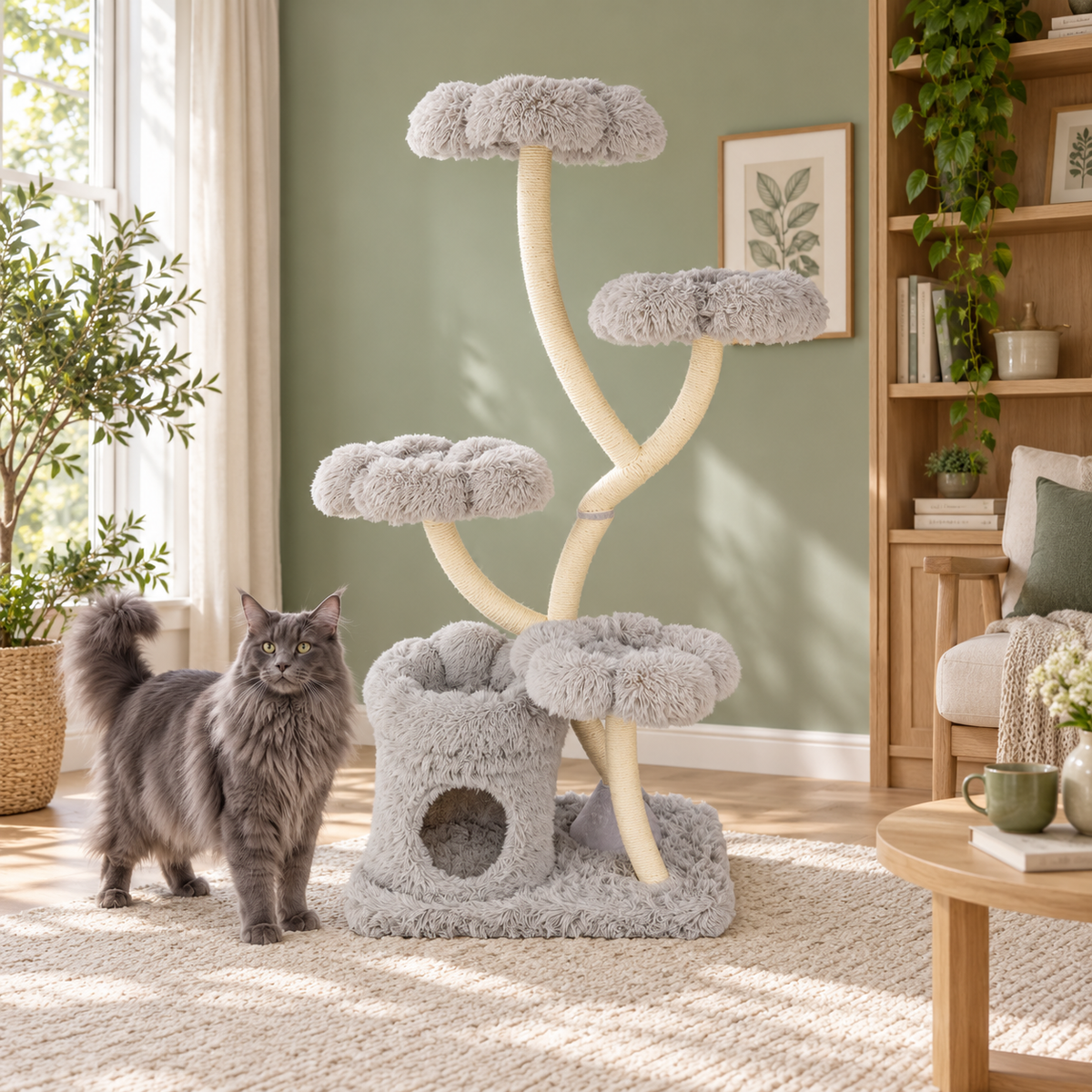 Grey Maine Coon beside The Floral Canopy 162 cm grey flower-platform cat tree in a sage room