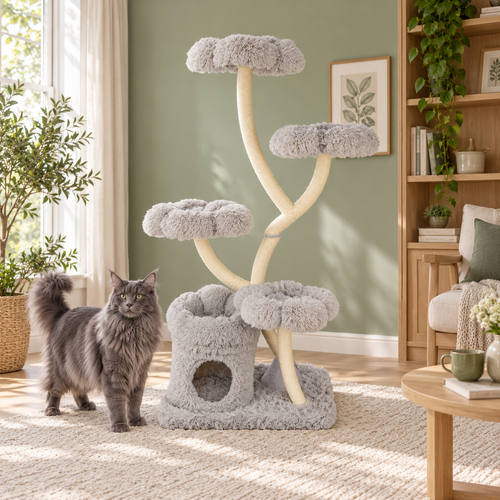 Grey Maine Coon beside The Floral Canopy 162 cm grey flower-platform cat tree in a sage room