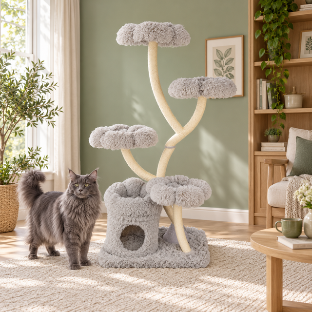 Grey Maine Coon beside The Floral Canopy 162 cm grey flower-platform cat tree in a sage room