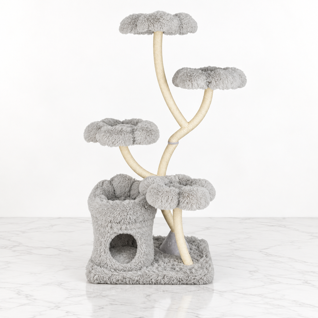 The Floral Canopy 162 cm grey flower-platform cat tree on light white marble flooring