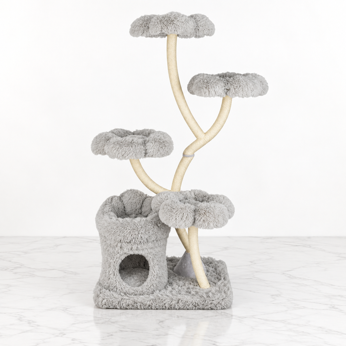 The Floral Canopy 162 cm grey flower-platform cat tree on light white marble flooring