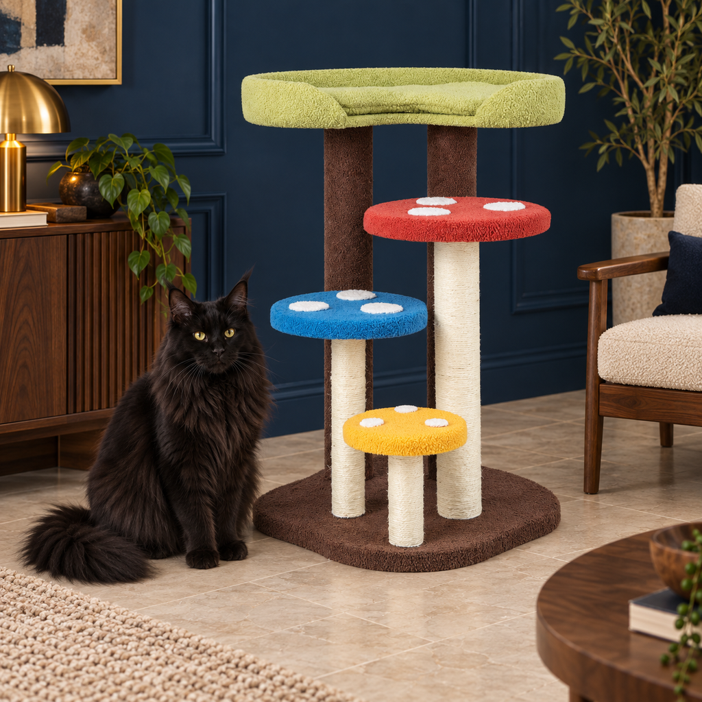 Solid black Maine Coon beside The Mushroom Steps 94 cm multicolour cat station in a navy room