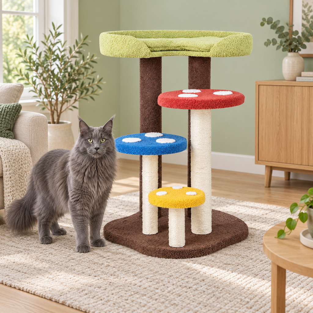 Solid grey Maine Coon beside The Mushroom Steps 94 cm multicolour cat station in a sage room