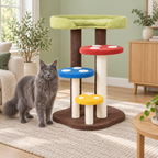 Solid grey Maine Coon beside The Mushroom Steps 94 cm multicolour cat station in a sage room