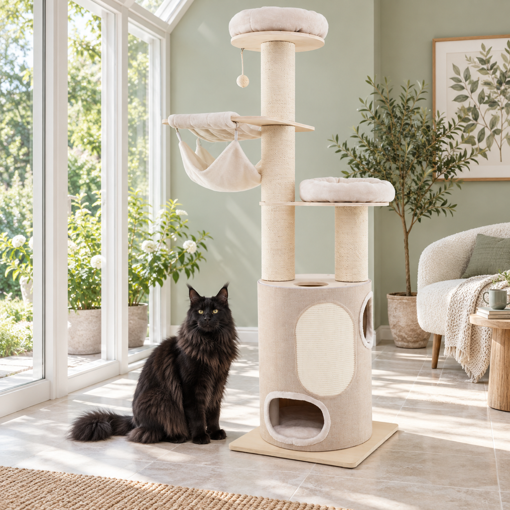 187 cm natural wooden cat tower beside a solid-black Maine Coon in a conservatory