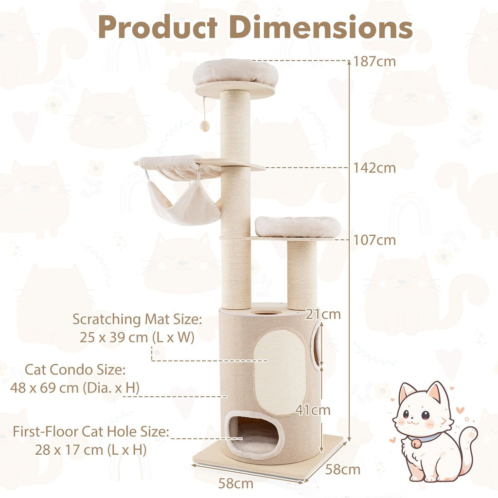 187 cm natural cat tower dimensions: 58 cm square base, 187 cm high, with condo and opening measurements