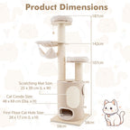 187 cm natural cat tower dimensions: 58 cm square base, 187 cm high, with condo and opening measurements