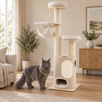 187 cm natural wooden cat tower beside a solid-grey Maine Coon in a living room