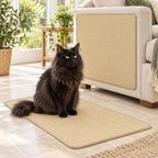 Two natural sisal scratching mats beside a solid black Norwegian Forest cat