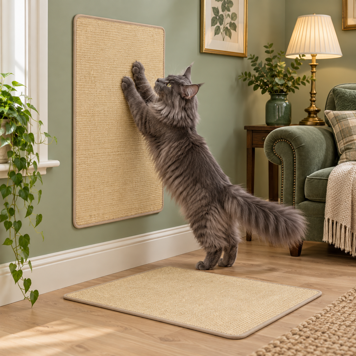 Two natural sisal scratching mats with a blue-grey adult Maine Coon using the wall-mounted mat
