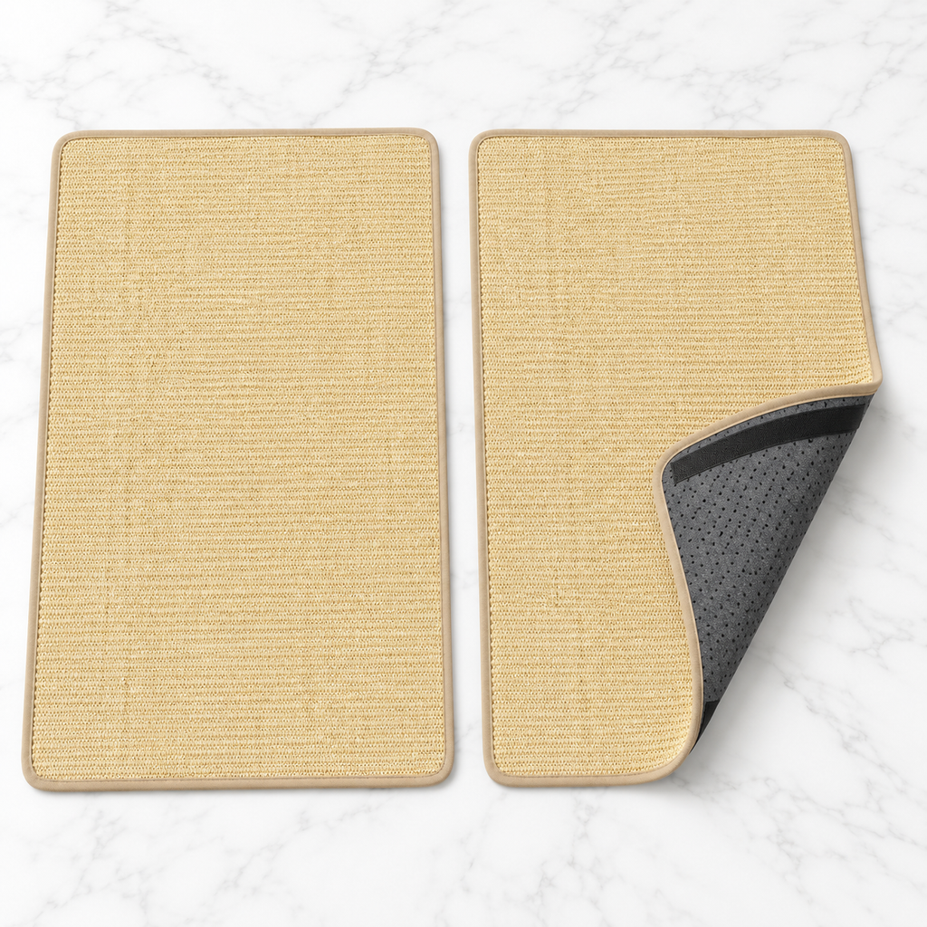 Two 80 × 50 cm natural sisal scratching mats, one showing its non-slip backing